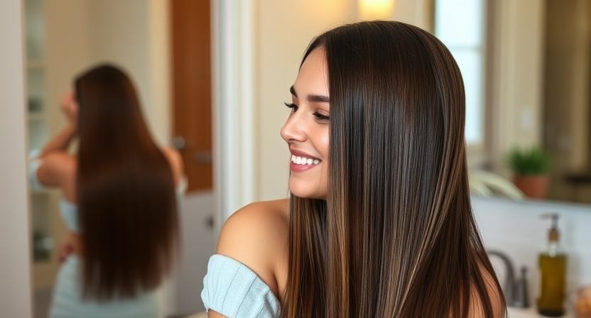 A woman with long, sleek, shiny straight hair smiling