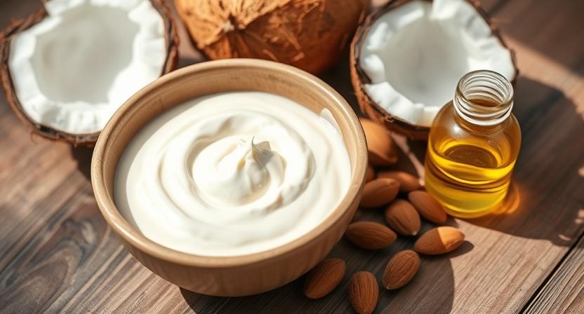 bowl with a creamy, white DIY hair mask mixture