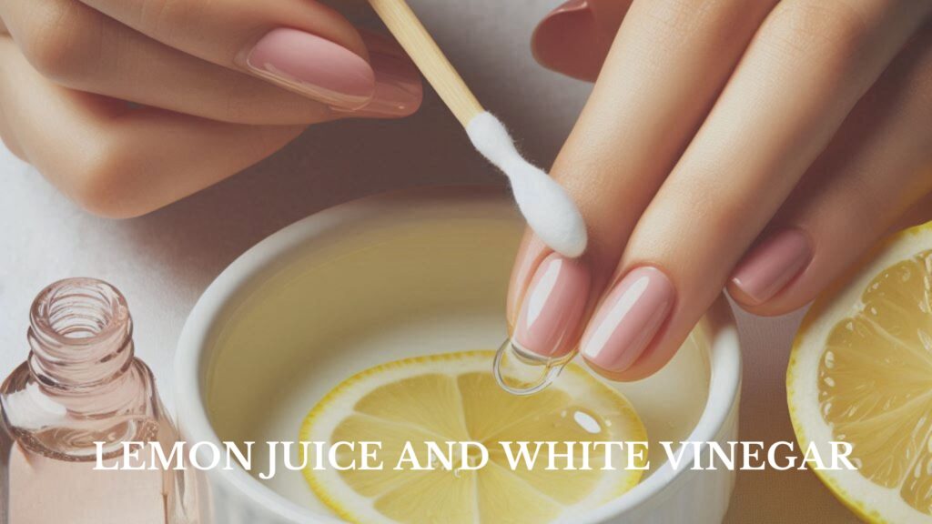 A cotton swab soaked in vinegar and lemon juice mixture removes nail polish from a nail