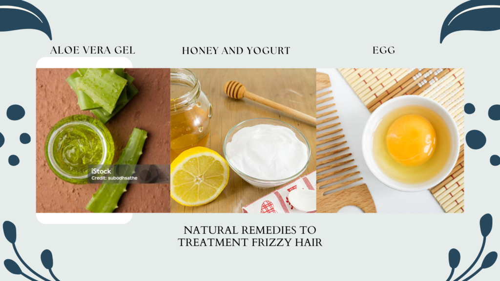 Top view of a small white bowl containing raw egg, a wooden hair comb, aloe vera gel, and a small bowl Honey and Yogurt