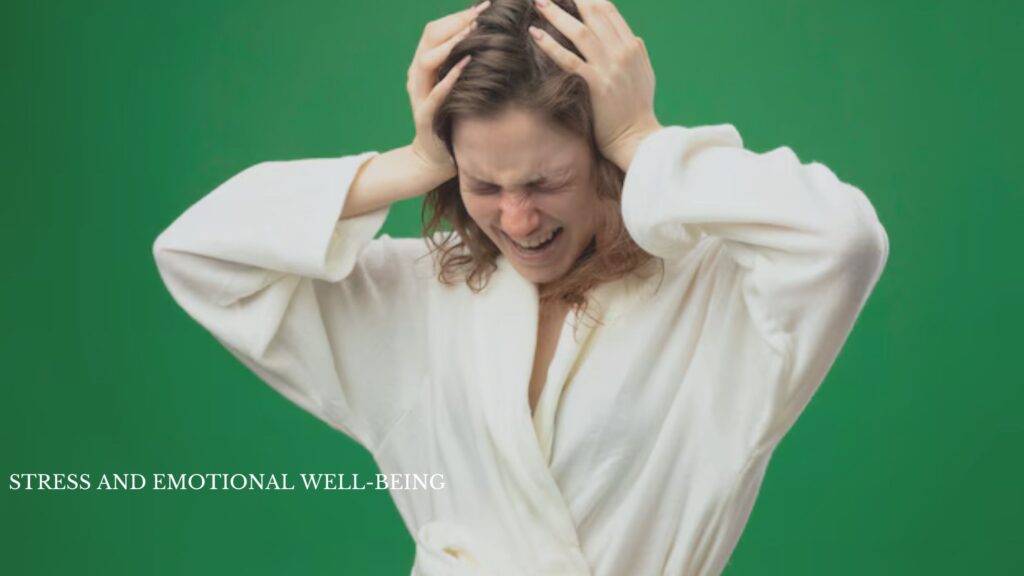 Young woman in a white robe, holding her head, reflecting gut-skin issues