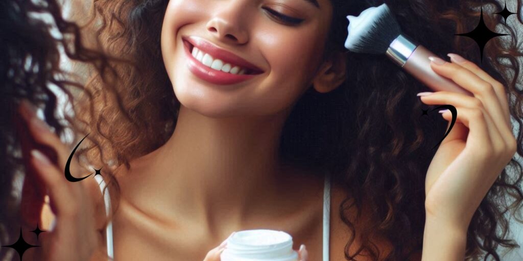 A woman smiling in the mirror while applying face cream