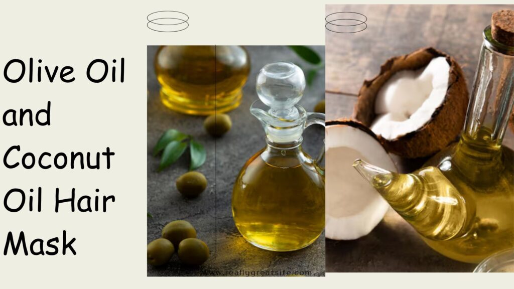 Bottles of olive oil and coconut oil displayed together, prepared for use in a hydrating hair mask