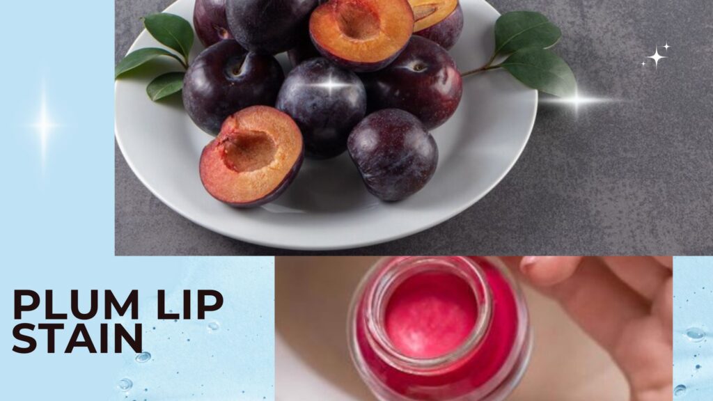 A visual display of plums on a plate and a jar of vibrant plum-colored lip balm stain