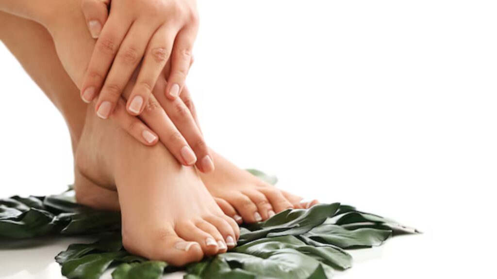 Gentle foot care with natural leaves, focusing on healthy, smooth feet and pampering self-care routines.