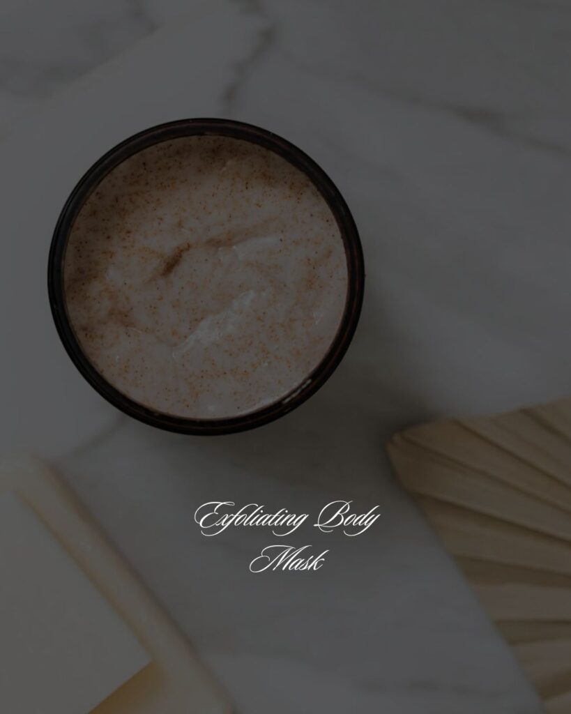 A jar of whitening mask with an exfoliating texture, placed on a marble surface with accessories. **Keywords:** whitening mask, exfoliating body mask, skincare, natural glow, DIY beauty, brightening treatment.