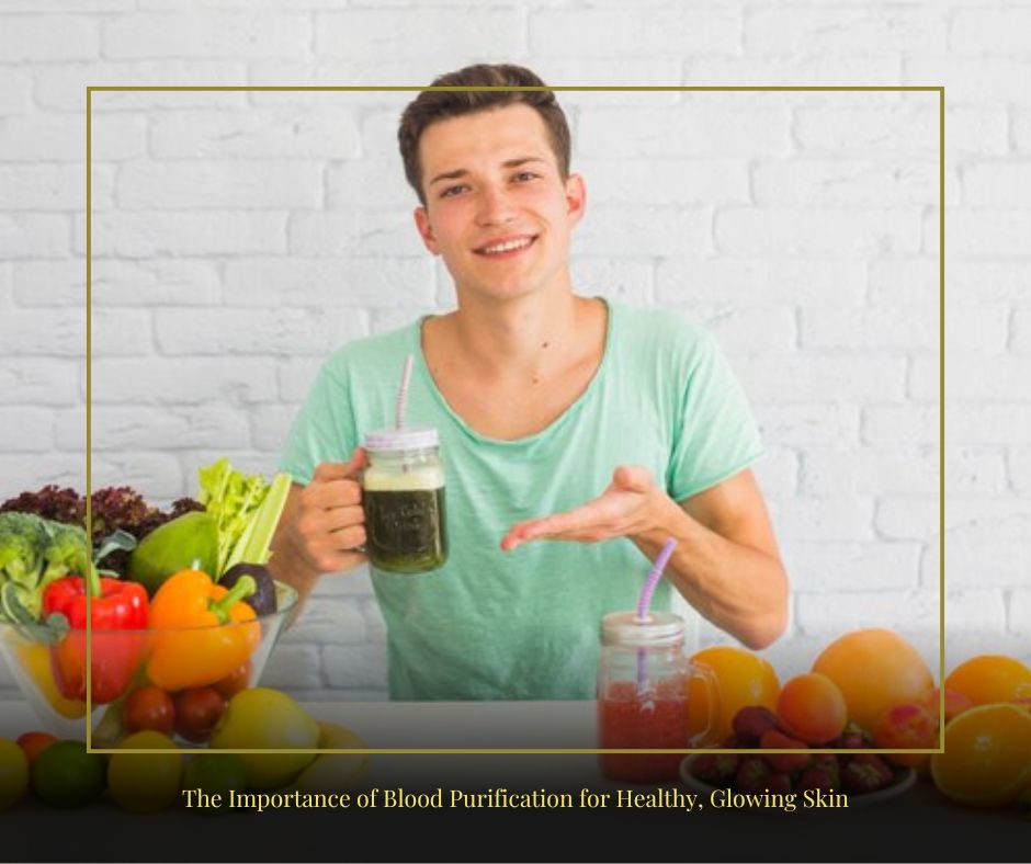 A smiling man in a green shirt holds a detox drink for **glowing skin** and blood purification