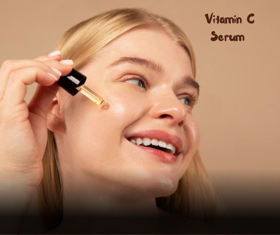 A woman applies Vitamin C serum** to her face, promoting hydration, glow, and reducing **collagen deficiency