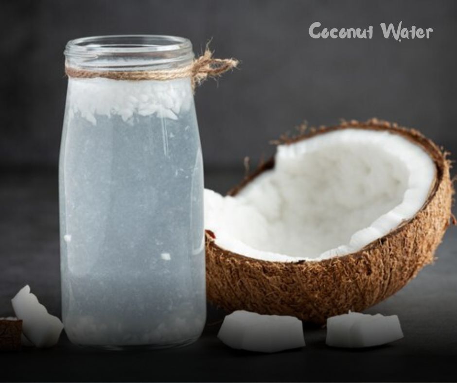 A glass jar filled with coconut water, rich in nutrients, helping to prevent collagen deficiency naturally