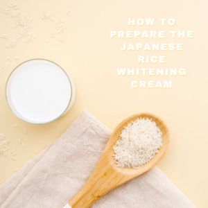 A wooden spoon filled with rice, a glass of milk, and text about Japanese whitening rice cream