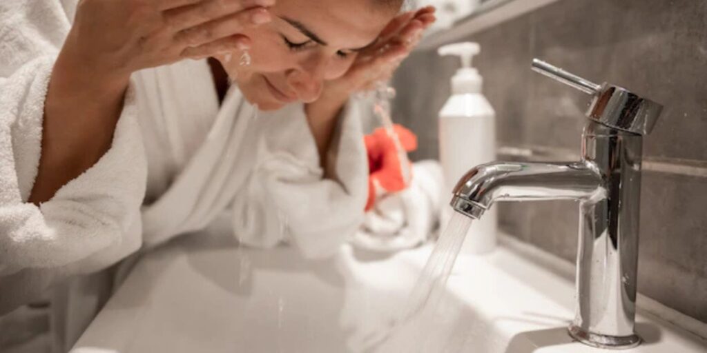 A woman washes her face, following a skincare routine for glass skin, wearing a white bathrobe